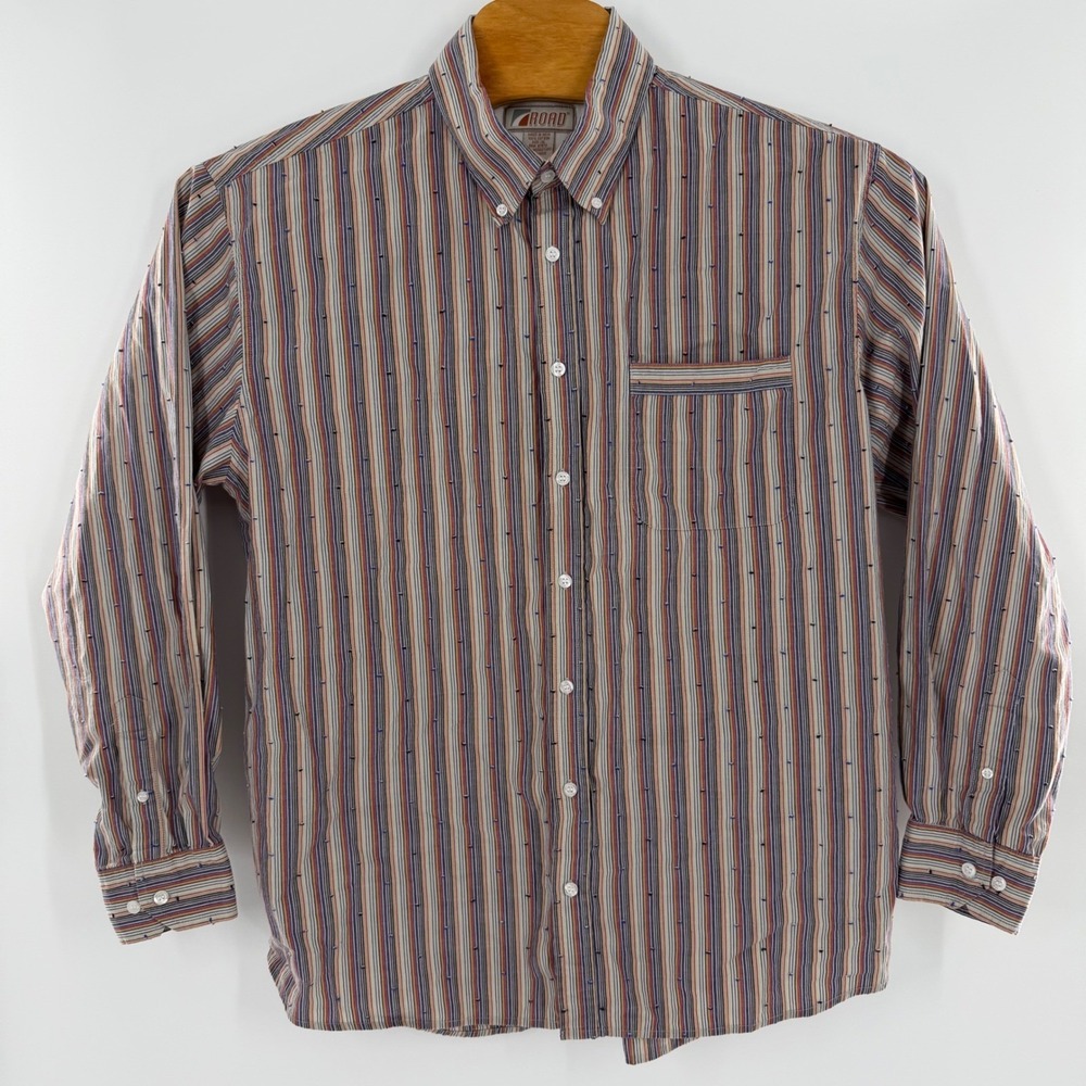 Road Mens XL Button Down Shirt Multi Color Vertical Stripe Cotton Long SL